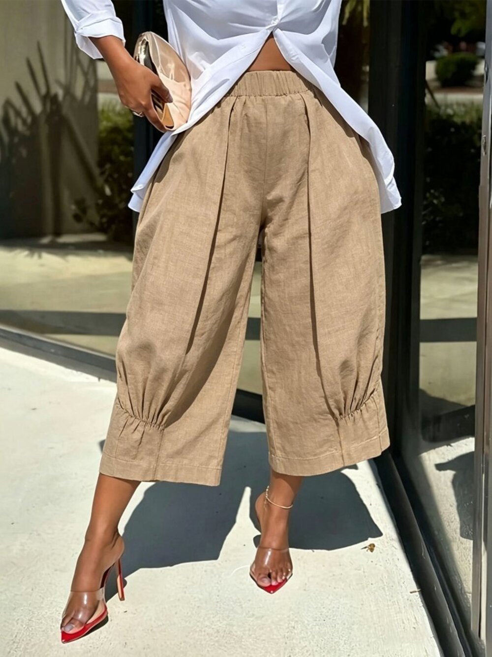 Khaki Casual Women's Elegant Cropped Pants